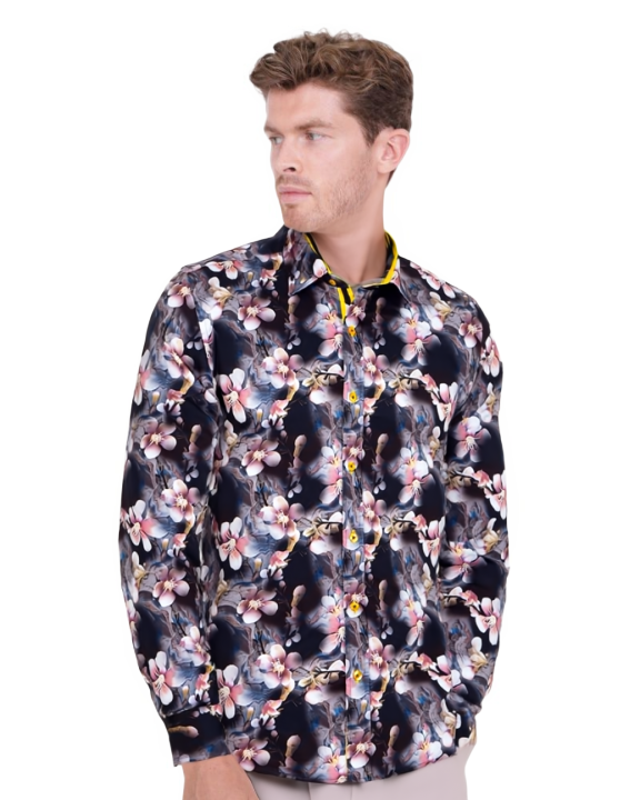 Lily Print Pure Cotton Men's Shirt with Matching Handkerchief