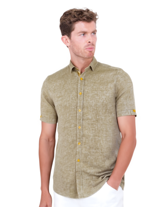 Green Flora Plain Linen Short Sleeve Shirt