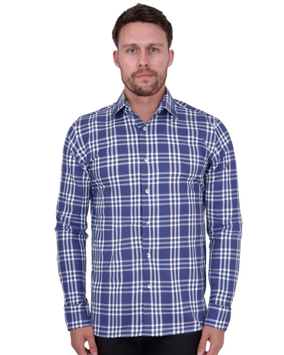 Dark Blue Plaid Check Print Shirt