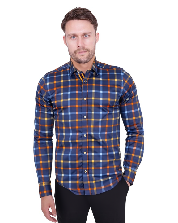 Dark Blue Flannel Print Men's Shirt with Matching Handkerchief