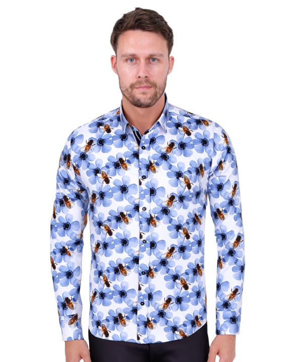 Blue Pure Cotton Honey Bee Print Men's Shirt