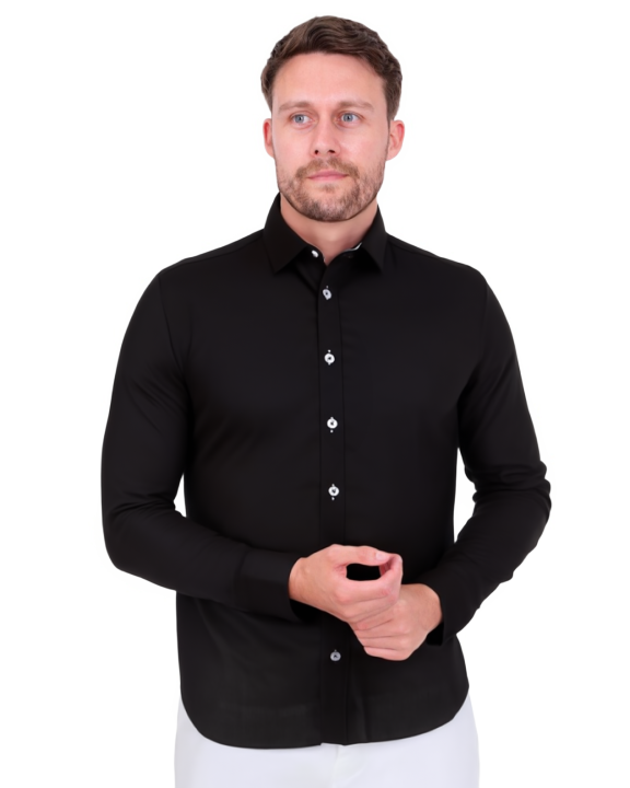 Black Plain Small Collar Shirt With Floral Insert