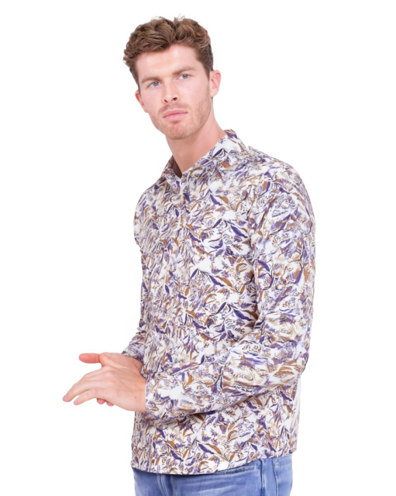 White Leaf Print Shirt with Matching Handkerchief