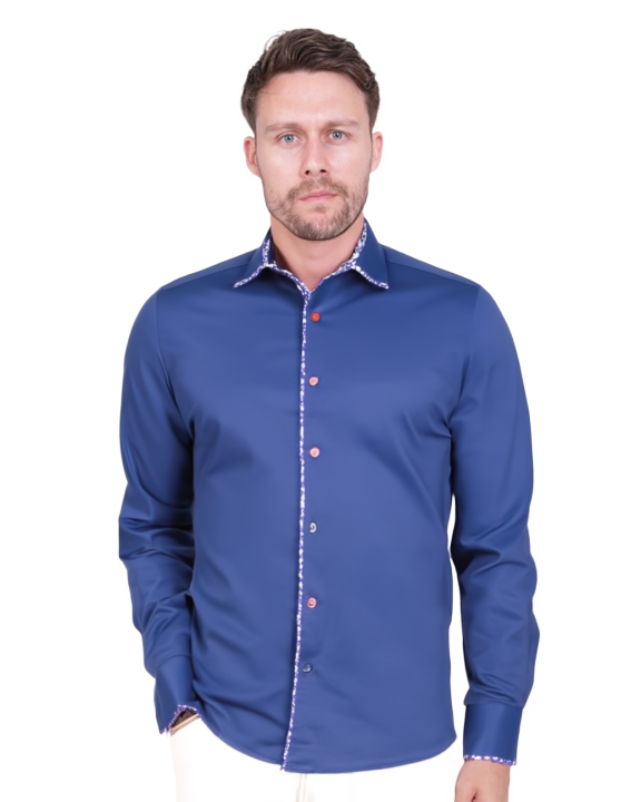 Dark Blue Fashion Shirt with Floral Collar Tip Design