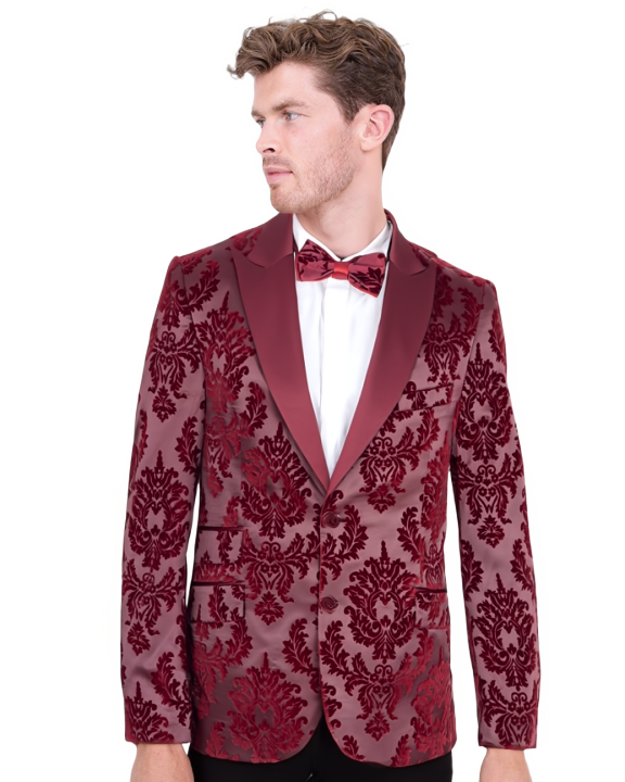 Burgundy Floral Flock Design Blazer with Contrasting Lapel & Matching Bow Tie