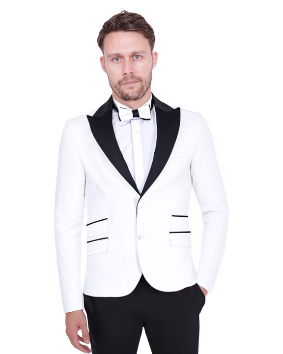 White Flock Design Blazer with Contrasting Lapel & Matching Bow Tie