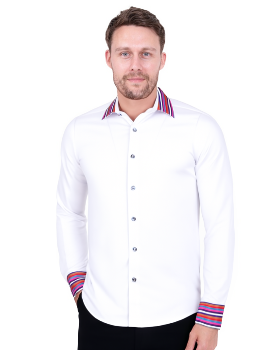 White Fashion Shirt with Stripe Collar Tip Design