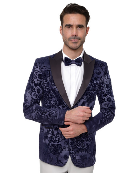 Dark Blue Floral Flock Design Blazer with Contrasting Lapel & Matching Bow Tie