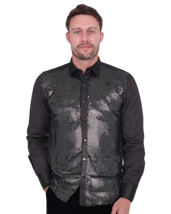 Black Sequin Fashion Shirt with Plain Collar Tip Design