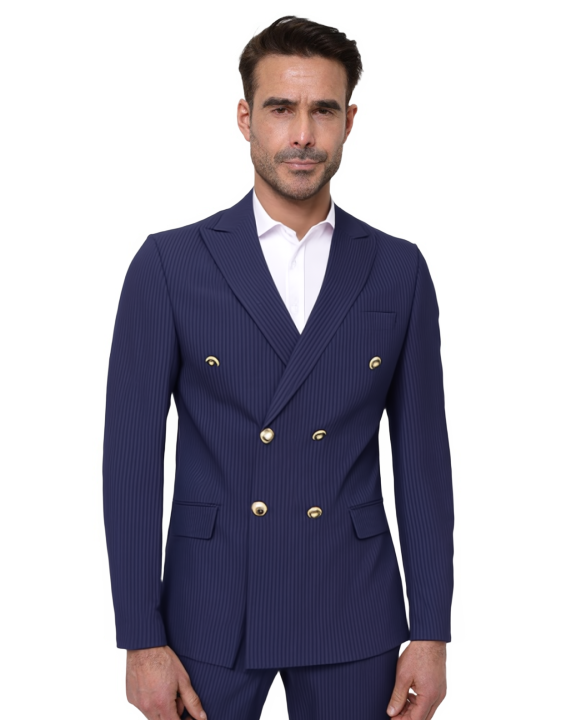 Dark Blue 2 Piece Stripe Double Breasted Men's Suit