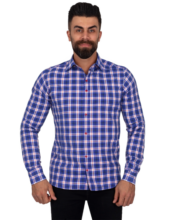 Dark Blue Checked Long Sleeved Shirt