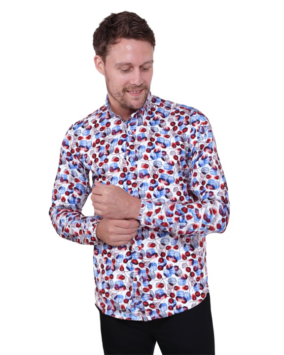 White Blue Leaf Print Shirt with Matching Handkerchief