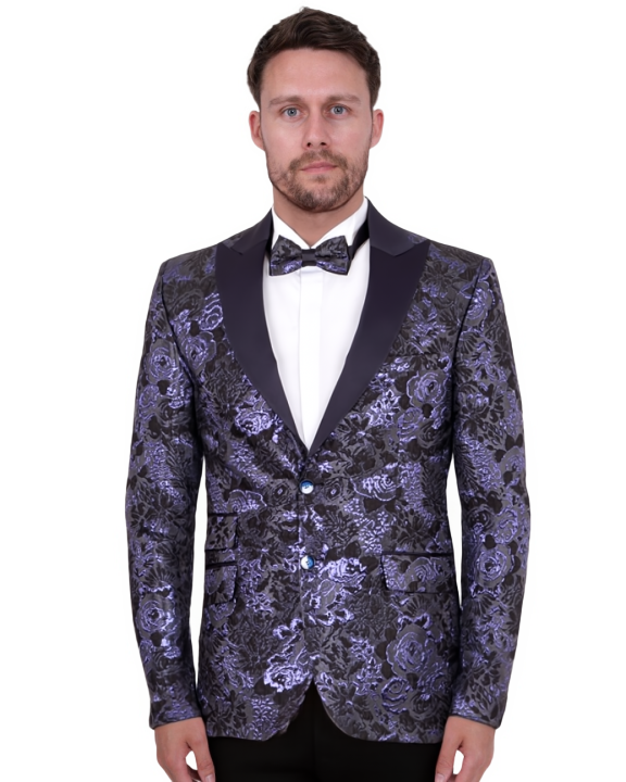 Navy & Black Floral Flock Design Blazer with Contrasting Lapel & Matching Bow Tie