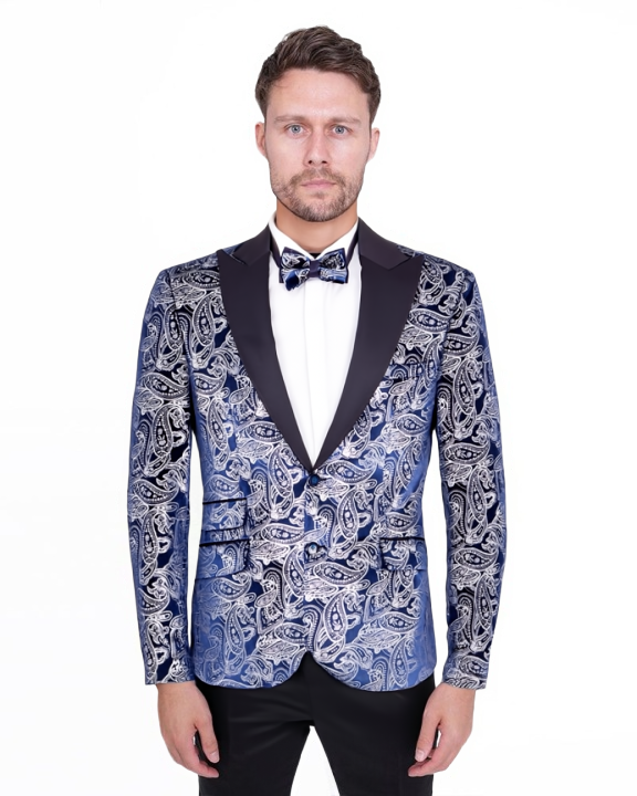 Dark Blue Paisley Contrasting Lapel Blazer & Matching Bow Tie