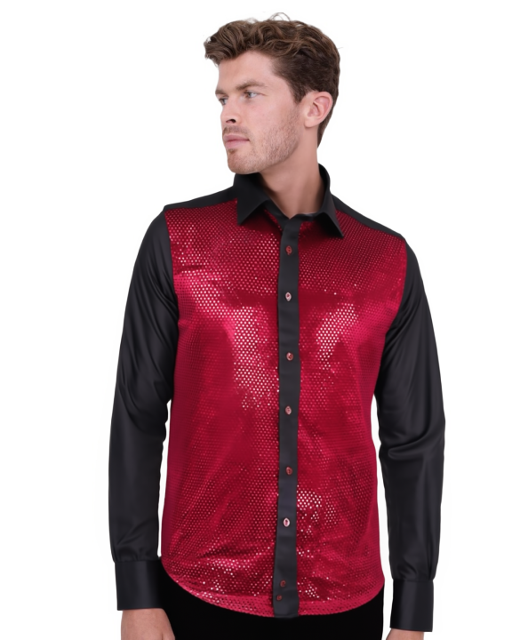 Burgundy Sequin Fashion Shirt with Plain Collar Tip Design