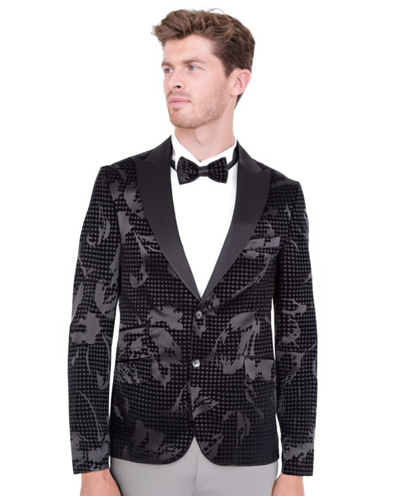 Black Paisley Flock Design Fashion Blazer & Matching Bow Tie