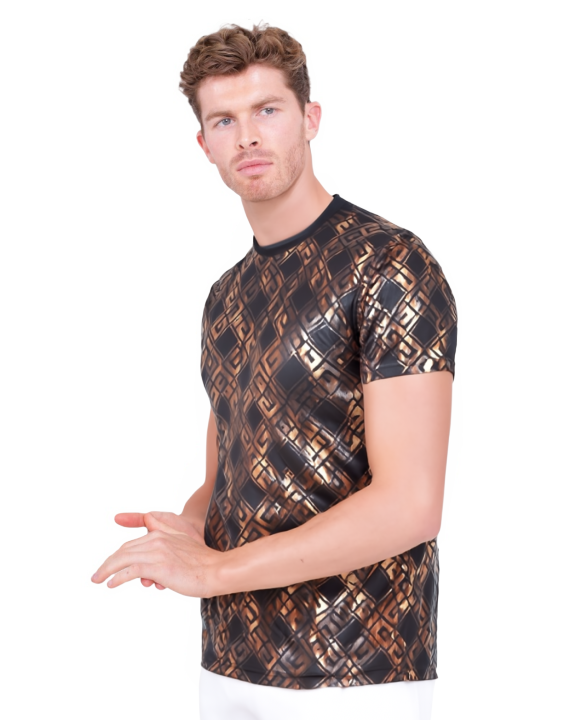 Gold Greca Square Print Body Fit T-Shirt