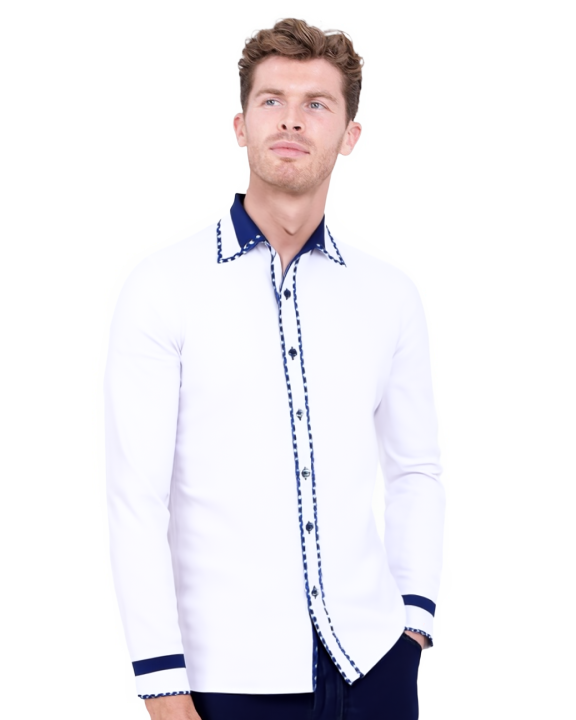 White Fashion Shirt with Stripe & Tartan Collar Tip Design