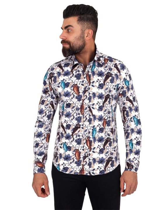 Beige Owl Print Men's Shirt with Matching Handkerchief