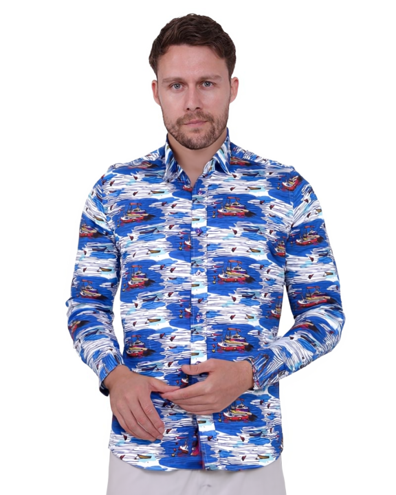 Sailing Boat Print Shirt with Matching Handkerchief