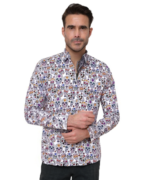 White day of the dead Skull Print Shirt with Matching Handkerchief