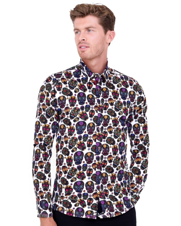 Black Day of the Dead Skull Print Shirt with Matching Handkerchief