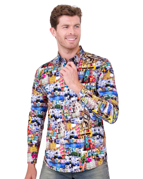 Colourful Coastal Print Men's Shirt with Matching Handkerchief