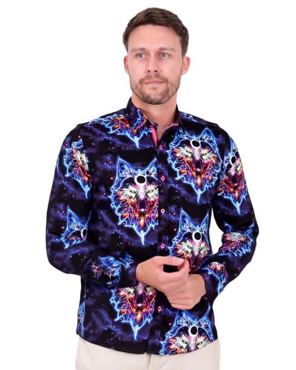 Space Wolf Print Men's Shirt with Matching Handkerchief