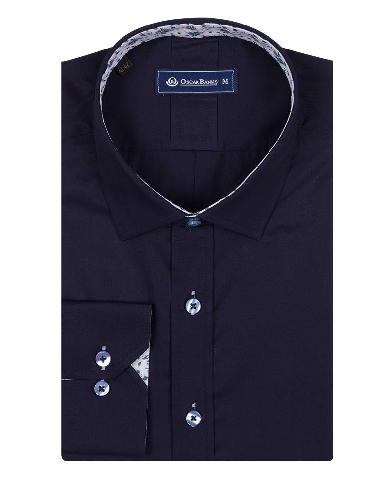 Dark Blue Plain Small Collar Shirt With Floral Insert – Makrom Fashion