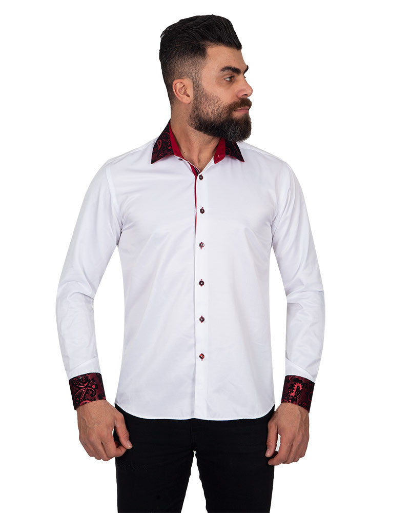 Burgundy Paisley Embroidery Design Collar & Cuff Shirt