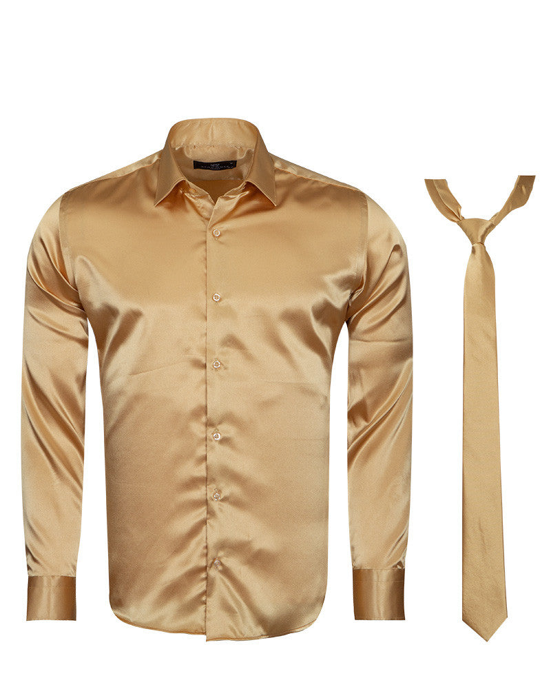 Gold Shiny Satin Shirt with Matching Tie