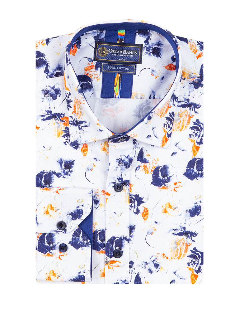 White Poppies Print Shirt with Matching Handkerchief