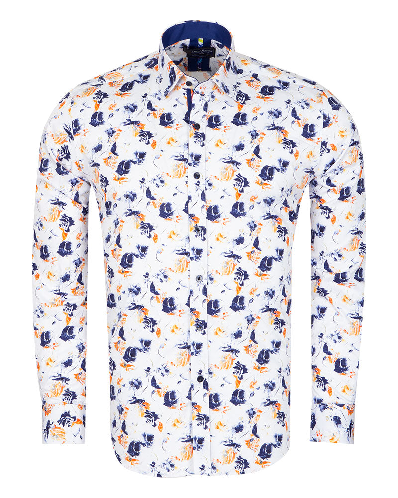 White Poppies Print Shirt with Matching Handkerchief