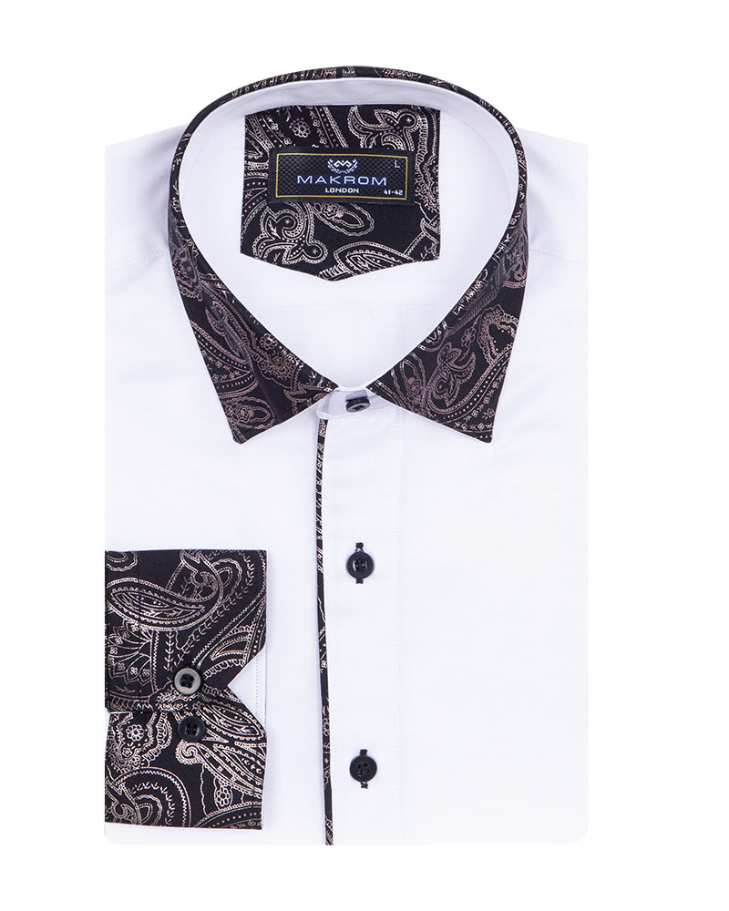 White Shirt with Paisley Embroidery Design on Collar & Cuff