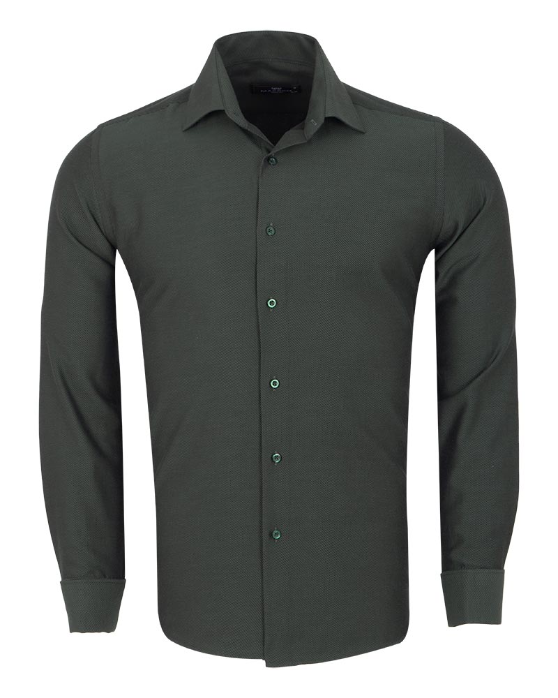 Dark Green Casual Twill Double Cuff Long Sleeve Shirt