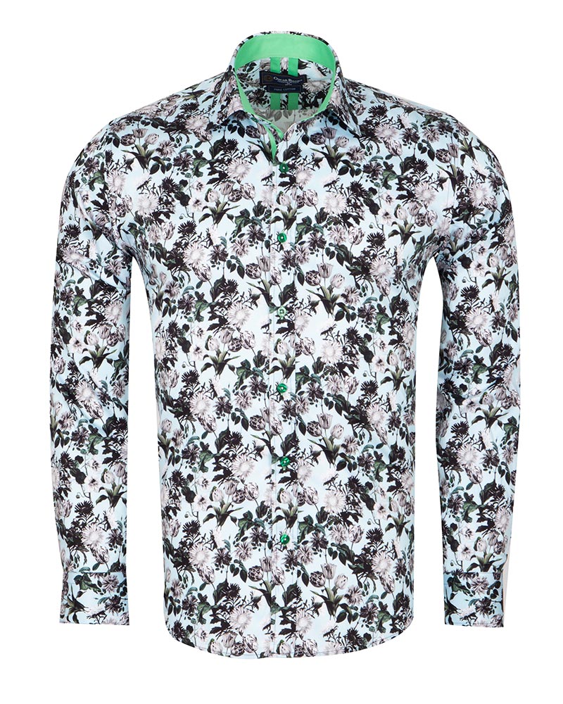 Green Floral Print Men's Shirt with Matching Handkerchief