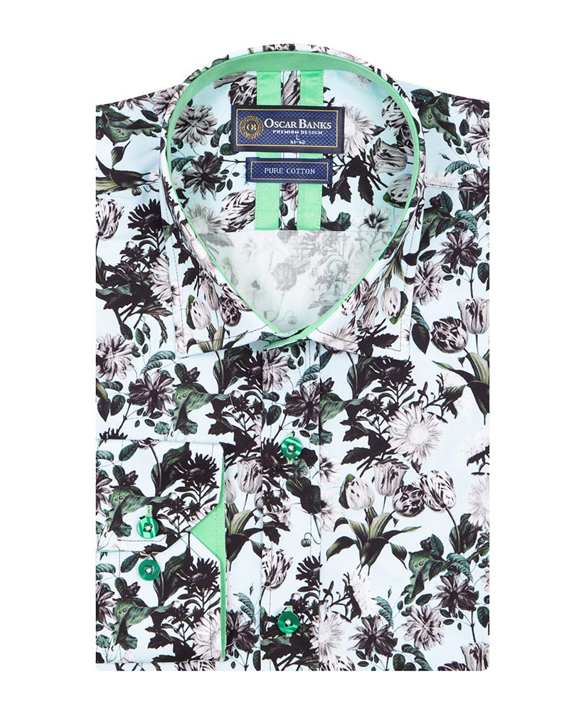 Green Floral Print Men's Shirt with Matching Handkerchief