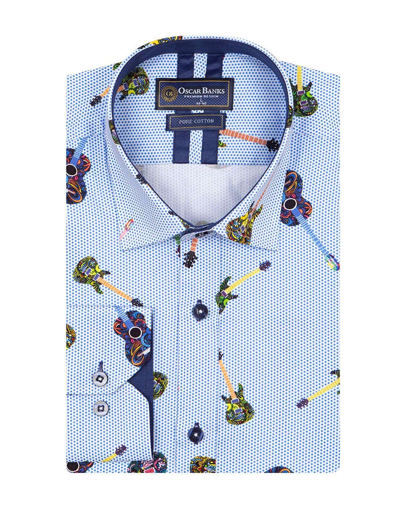 Light Blue Guitar Print Shirt with Matching Handkerchief – Makrom
