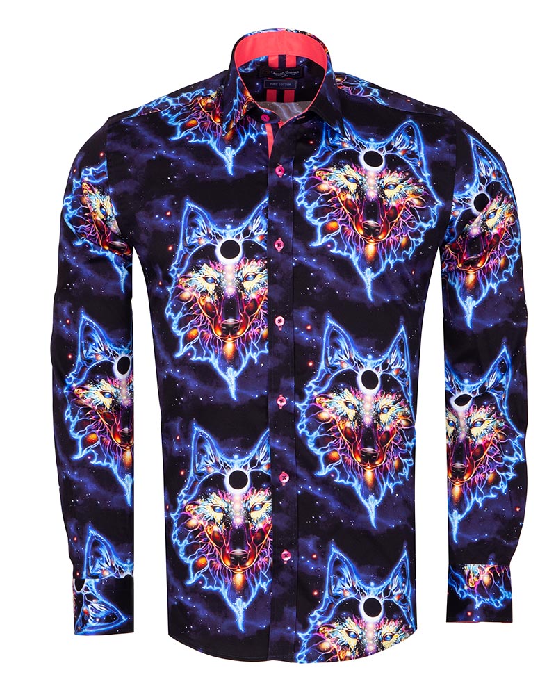 Space Wolf Print Men's Shirt with Matching Handkerchief