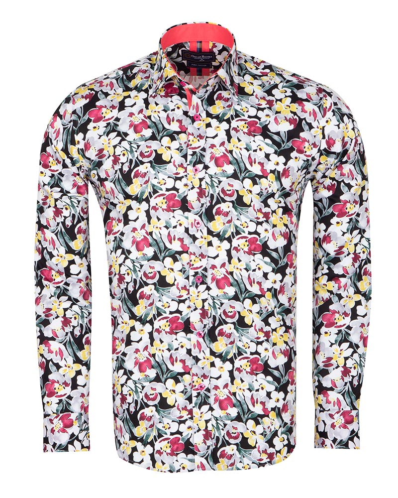 White Cosmos Flower Print Shirt with Matching Handkerchief