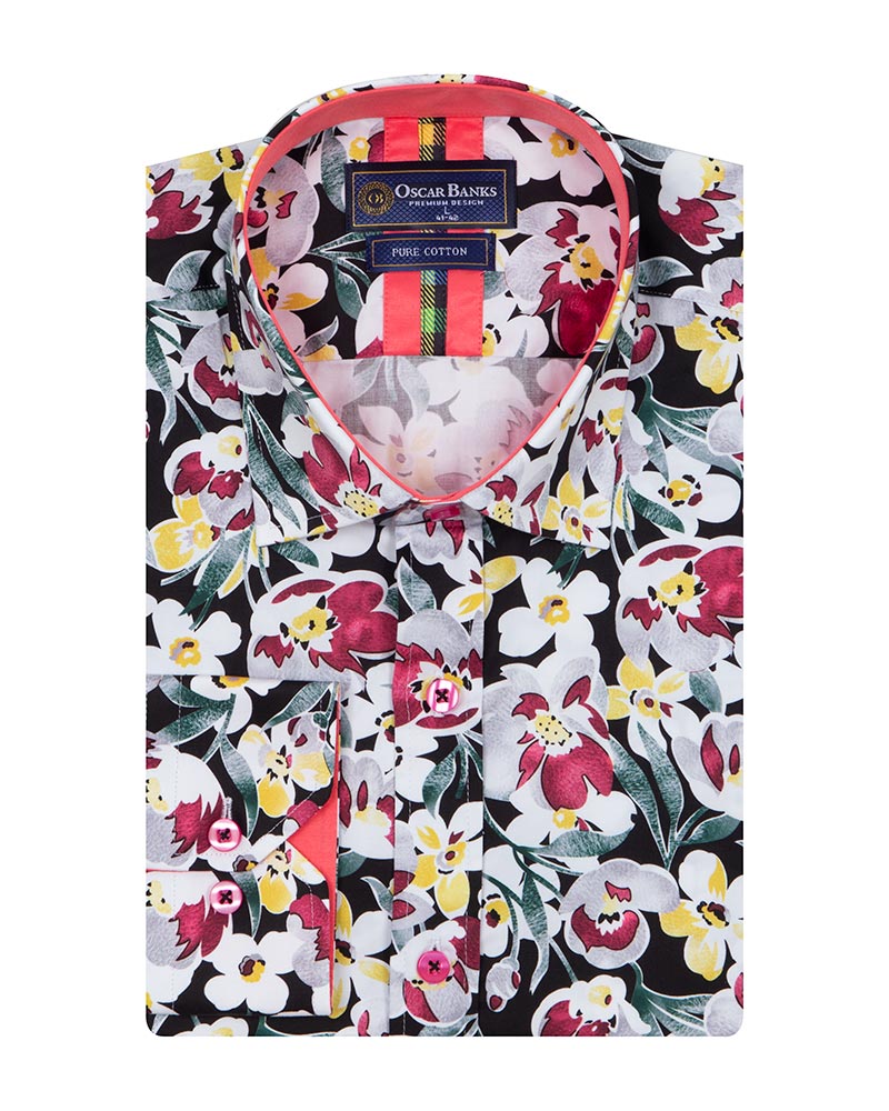 White Cosmos Flower Print Shirt with Matching Handkerchief