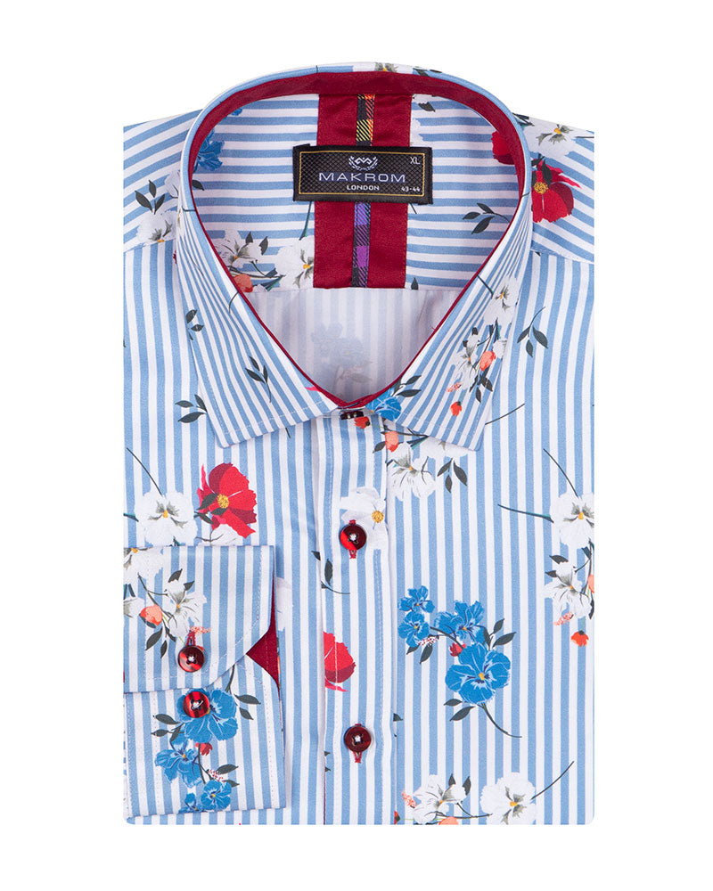 Blue Striped Floral Design Print Shirt